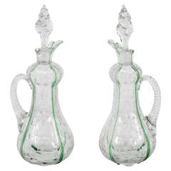 Stevens & Williams Pair of Crystal Decanters w/ Engraving & Applied Handles