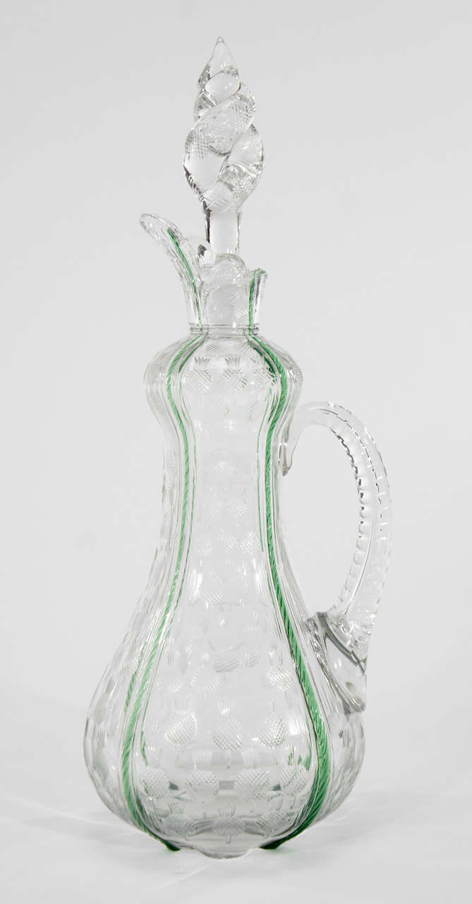 British Stevens & Williams Pair of Crystal Decanters w/ Engraving & Applied Handles