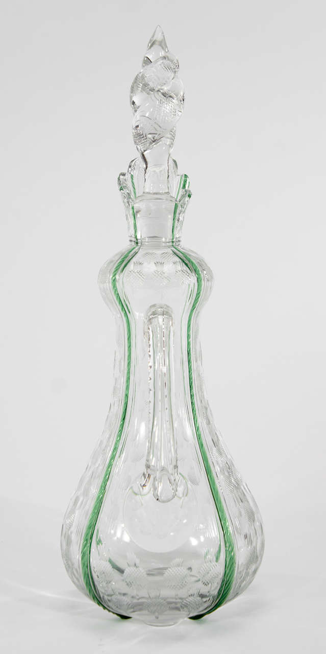 Stevens & Williams Pair of Crystal Decanters w/ Engraving & Applied Handles In Excellent Condition In Great Barrington, MA