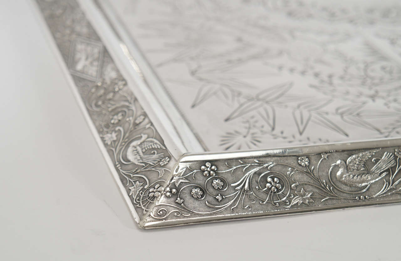 Aesthetic Movement Silver Plate Chased Rectangular Tray In Excellent Condition In Great Barrington, MA