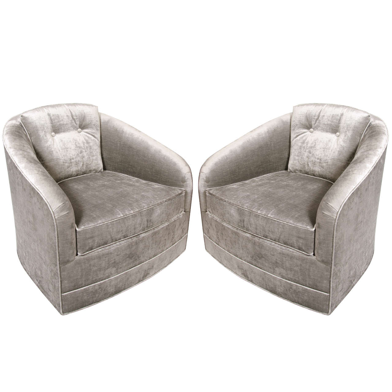 Pair of Mid-Century Modern Swivel Chairs in Platinum Velvet