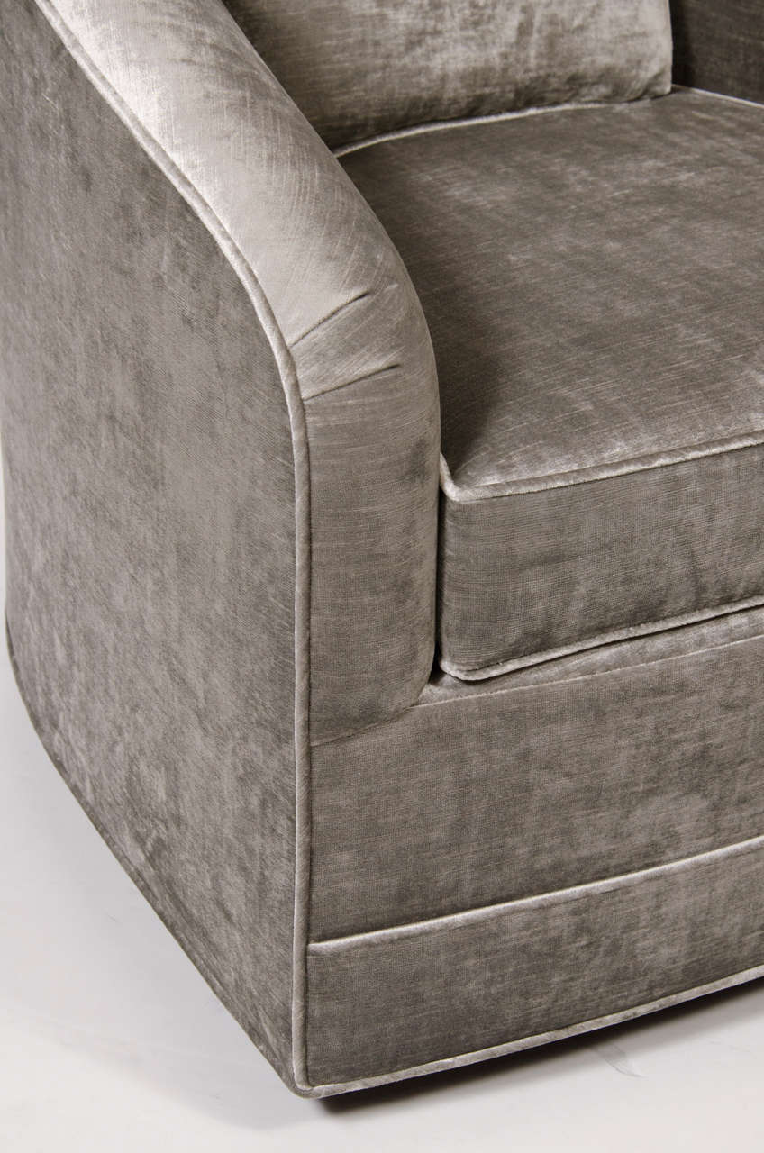 American Pair of Mid-Century Modern Swivel Chairs in Platinum Velvet