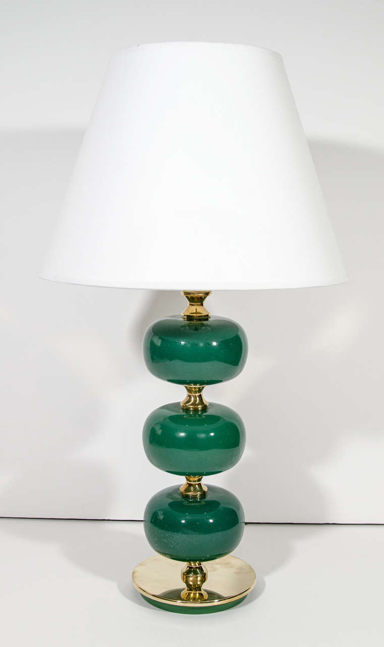Each shaft comprised of 3 opaque glass green balls on a circular metal base. Height is to top of finial.