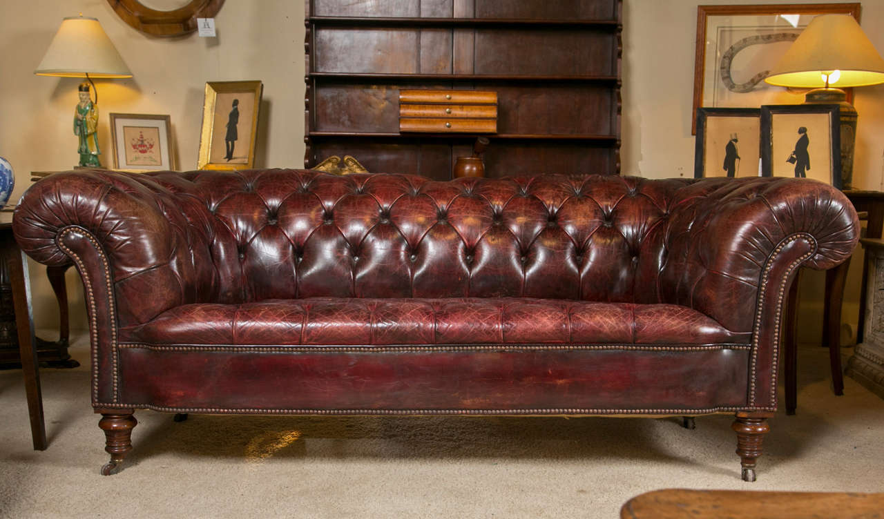 A circa 1900 English tufted leather sofa, in excellent condition.