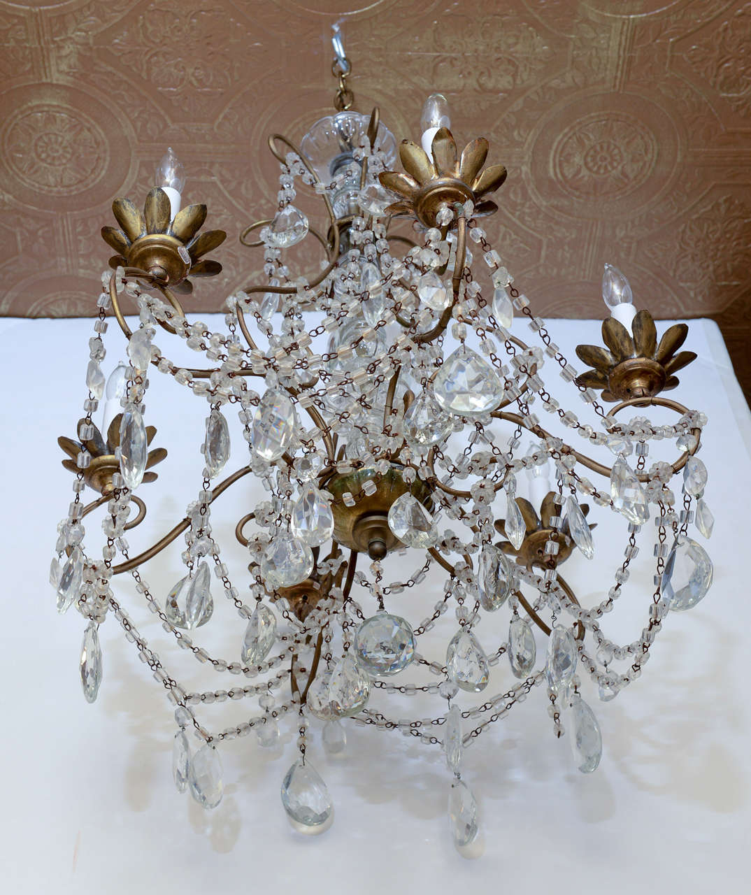 Italian Macaroni-beaded Gilded Iron Six Light Chandelier In Excellent Condition In West Palm Beach, FL