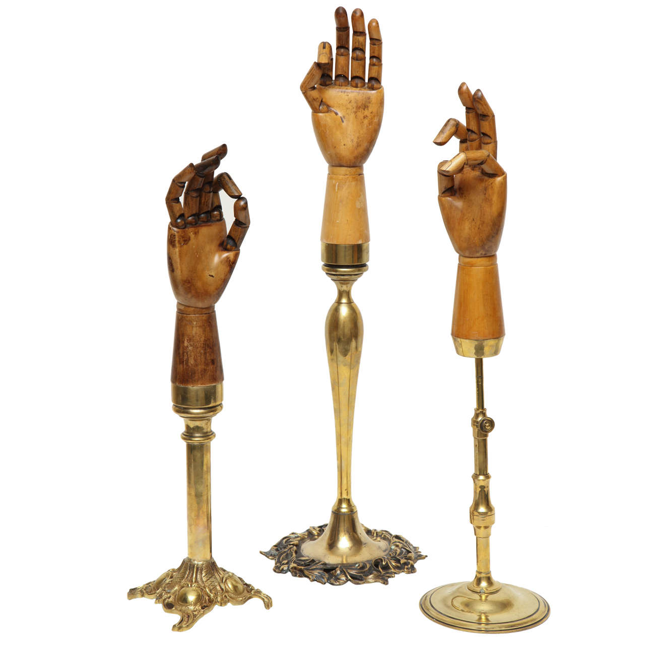 Wooden Articulating Glove Displays With Brass Mounts For Sale