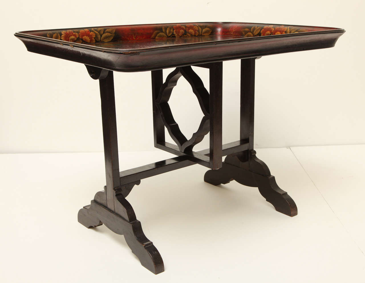 Polychrome Wood Tilt Top Coffee Table With Chinoiserie Decoration.  The Base Is Fabricated With A Decorated Turn Support For Tilting.