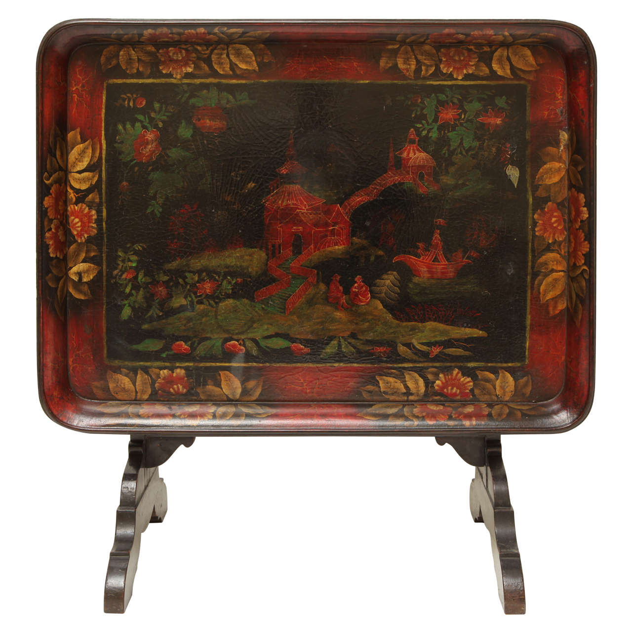 Polychrome Wood Chinoiserie Motif Tilt Coffee Table For Sale