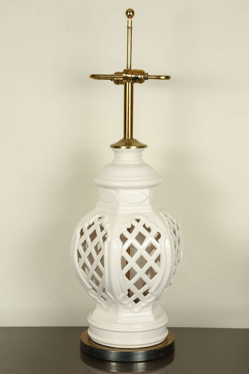 Brass Pair of Fine Glazed Ceramic Lamps with a Pierced Basket Weave Design