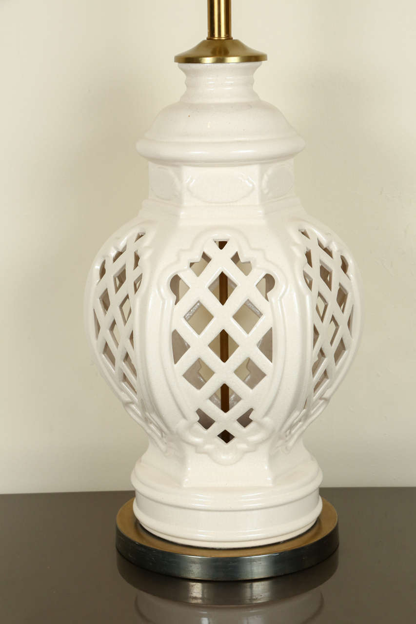 Pair of Fine Glazed Ceramic Lamps with a Pierced Basket Weave Design 3