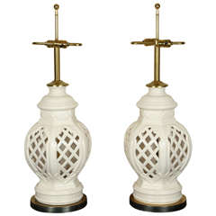 Pair of Fine Glazed Ceramic Lamps with a Pierced Basket Weave Design