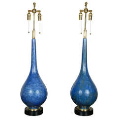 Paire de grandes et magnifiques lampes en céramique émaillée bleue de Nardini