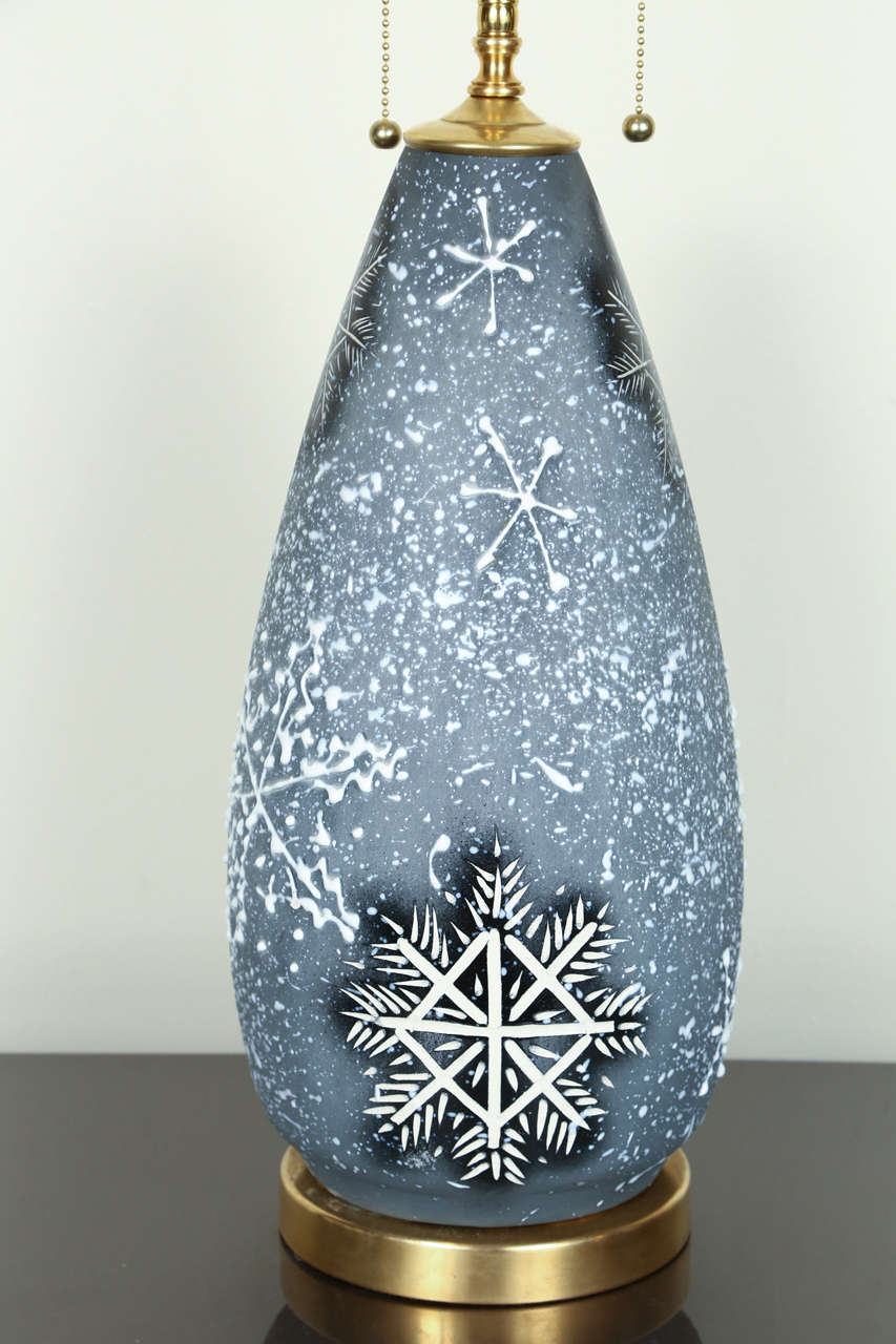 Glazed Pair of Lovely Ceramic Lamps with a Whimsical Snowflake Design For Sale