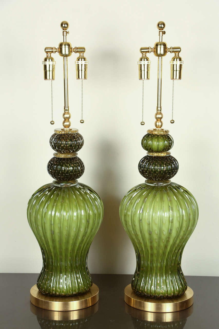 Pair of spectacular Barovier Murano glass lamps with gold inclusions.  They are newly rewired with brass double clusters and silk rayon cord.