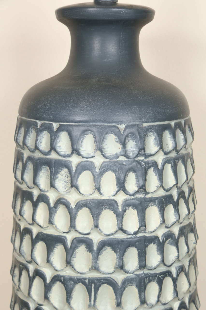 Mid-20th Century Pair of Large Matte Glazed Ceramic Lamps with Embossed Thumbprint Design
