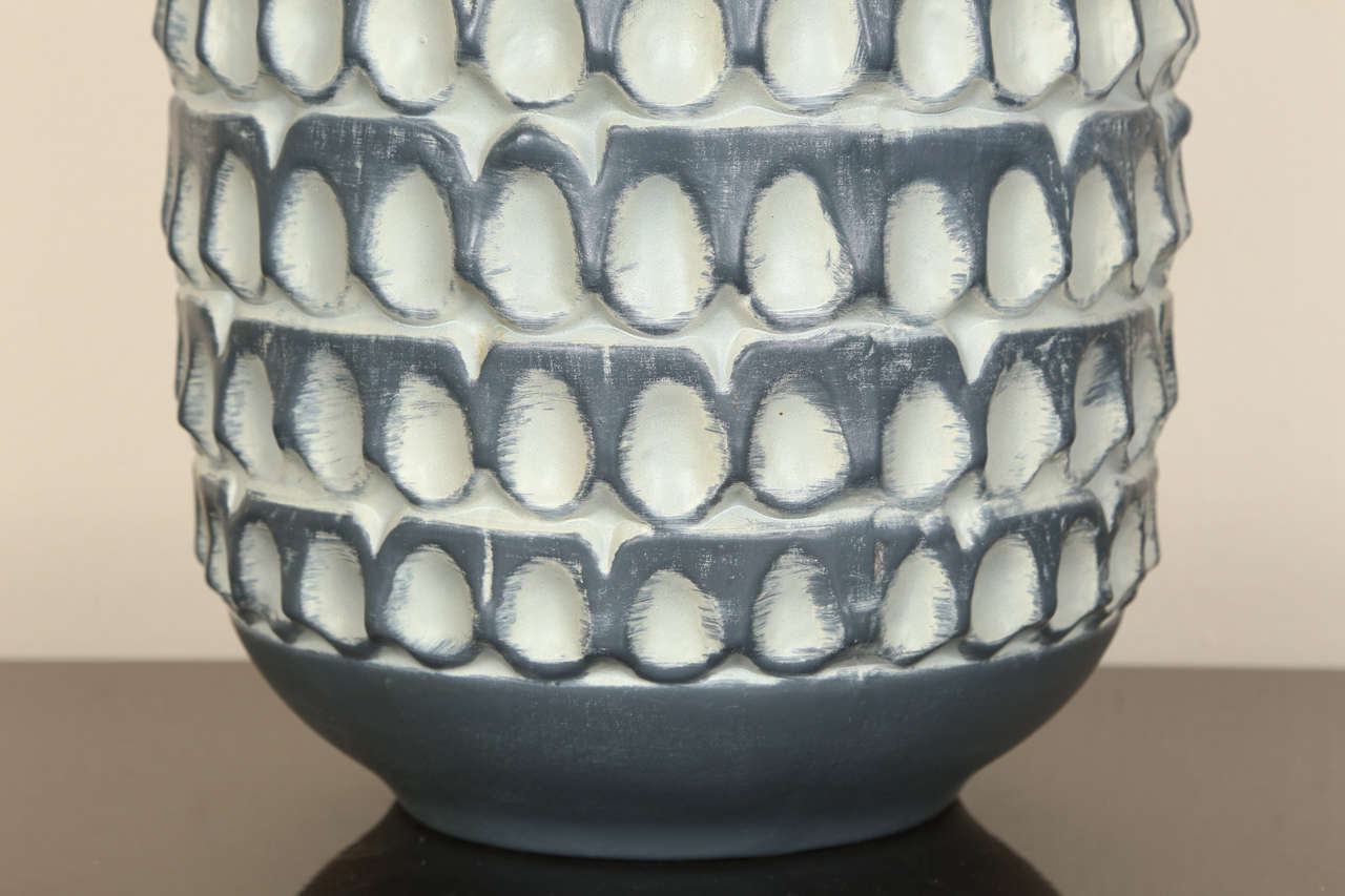 Nickel Pair of Large Matte Glazed Ceramic Lamps with Embossed Thumbprint Design