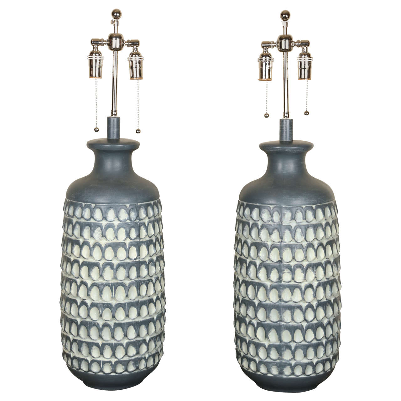Pair of Large Matte Glazed Ceramic Lamps with Embossed Thumbprint Design