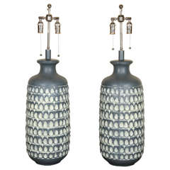 Pair of Large Matte Glazed Ceramic Lamps with Embossed Thumbprint Design