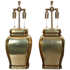 Pair of Rectangular Ginger Jar Style Ceramic Lamps with a Burnished Gold Glaze