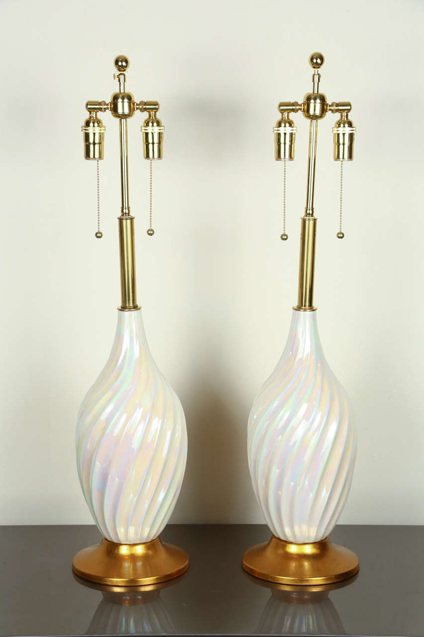 Pair of Beautiful Ceramic Lamps with a Stunning Motherofpearl Glaze