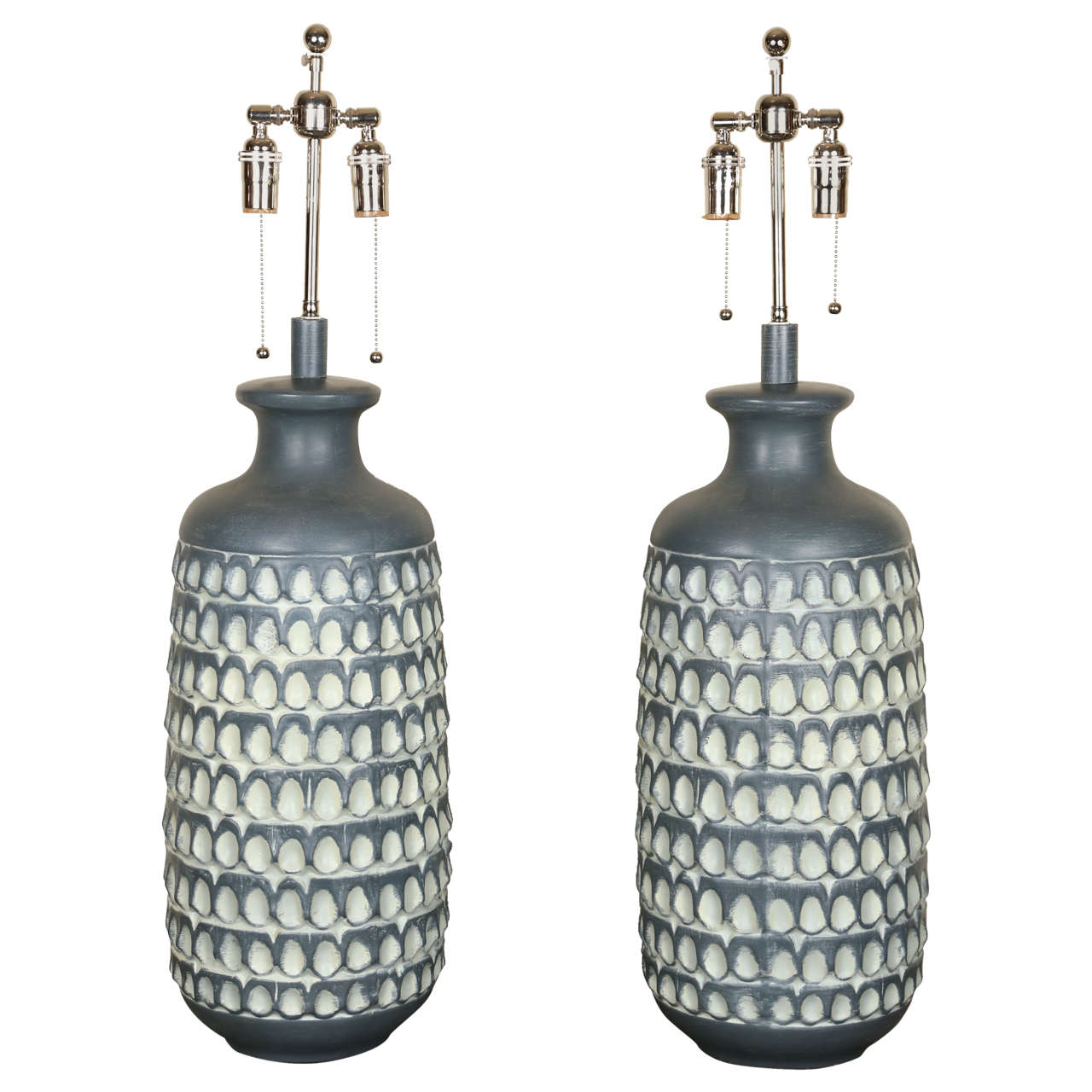 Pair of Large Matte Glazed Ceramic Lamps with Embossed Thumbprint