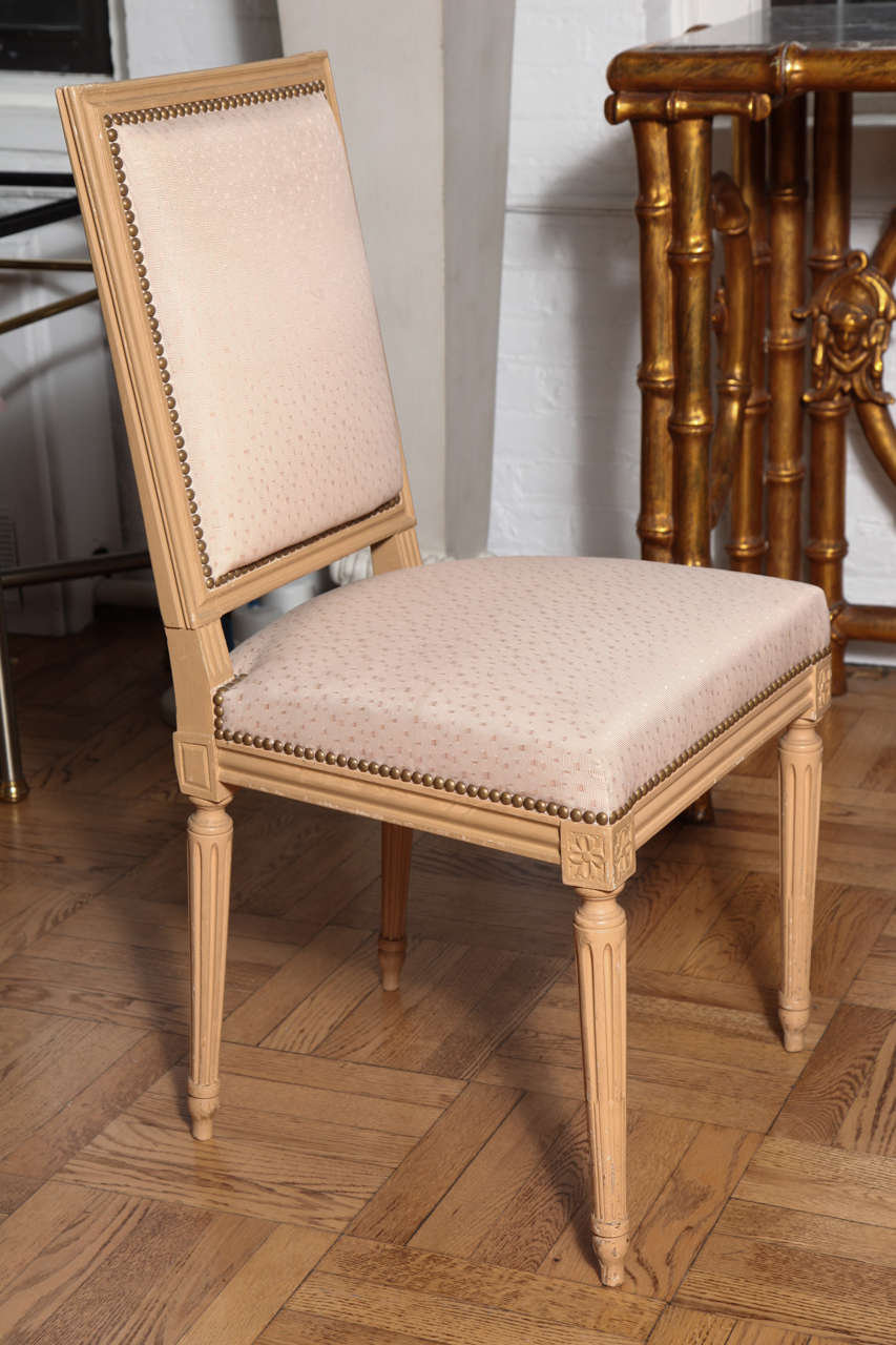 20th Century Set of 6 Carved and Painted Louis XVI Style Dining Chairs, France, c. 1920