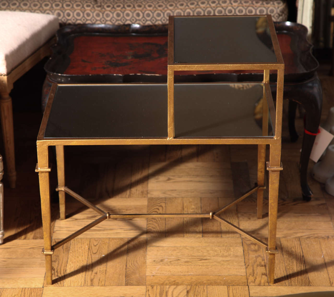 A Pair of Gilt Bronze Two Tier Mirrored Bedside Tables. Franc, e Contemporary