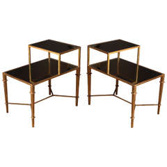 A Pair of Gilt Bronze Two Tier Mirrored Bedside Tables. Franc, e Contemporary