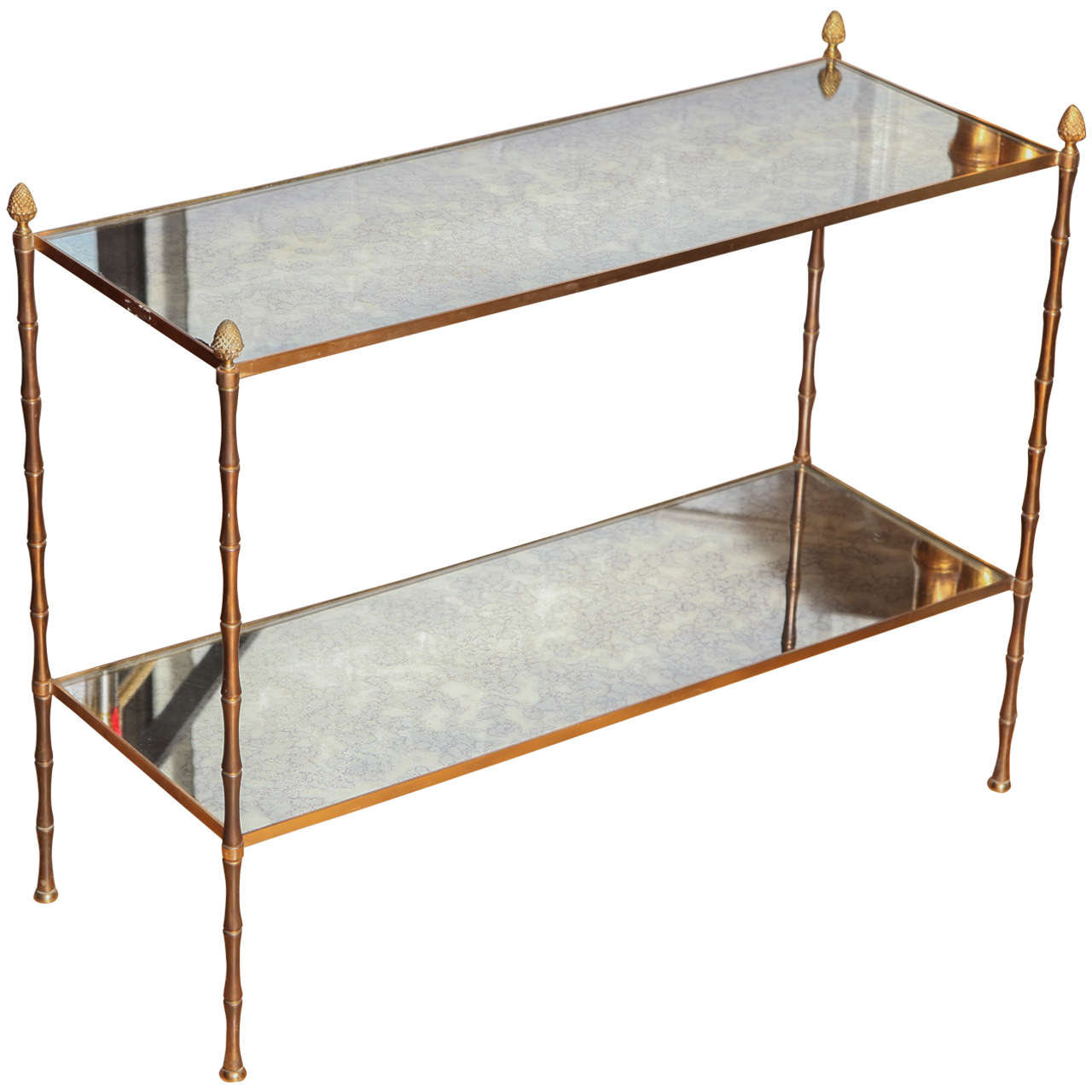 A Gilt Brass Two Tier Faux Bamboo and Mirrored Etagere Table. France , C. 1950
