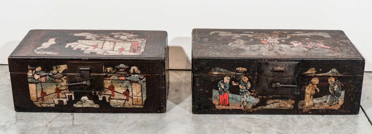 Two colorful and intricately painted small Chinese lacquer boxes from the late 19th century. From Shanxi Province. Sold individually.