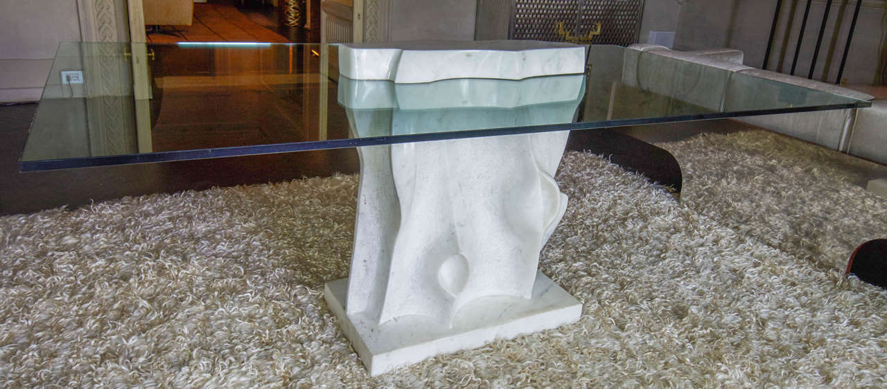 Sculptured table base from a unique Bianco Carrara marble block, tempered glass top, signed 