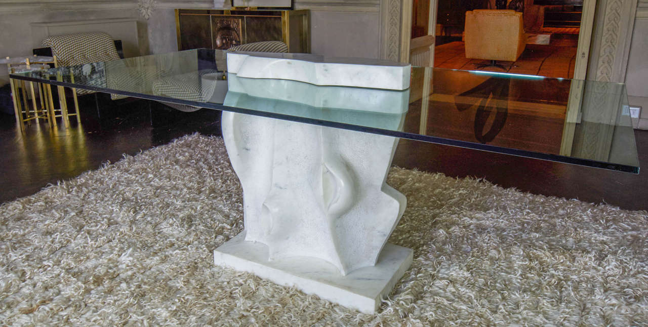 Late 20th Century Coffa 81 White Carrara Marble and Glass Italian Sculptural Table, 1981.