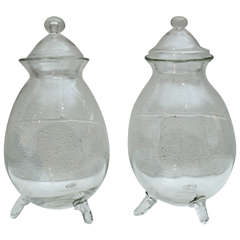 Pair of Handblown Footed Glass Vessels with Lids 5