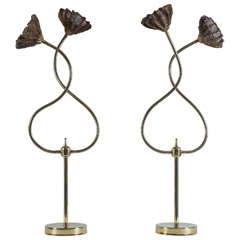 Pair of Brass Lamps with Mesh Flowers 8