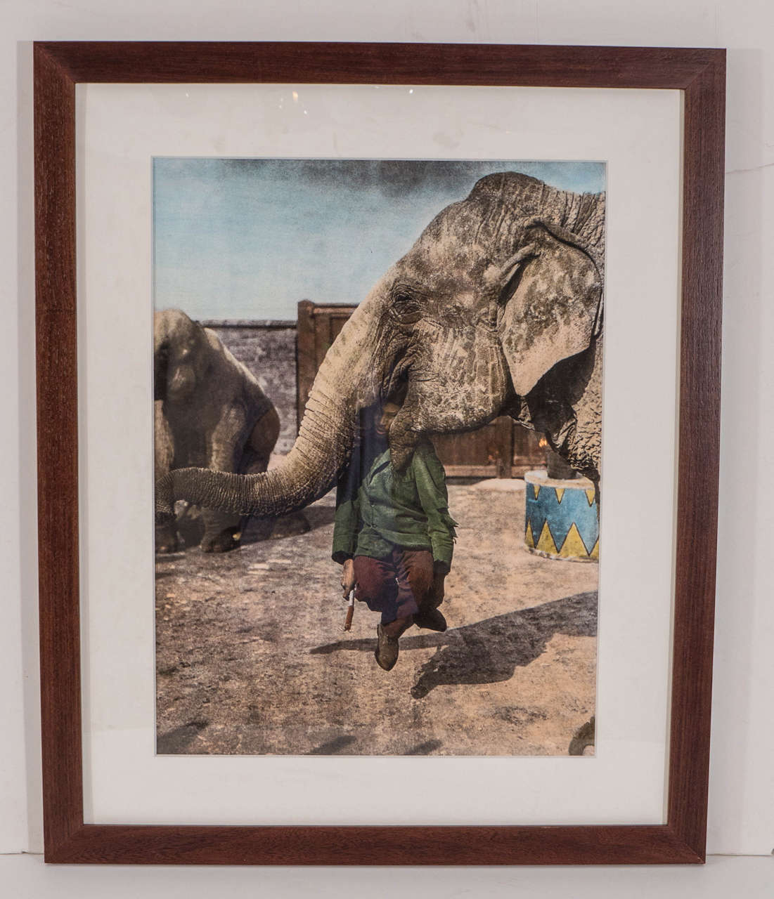 Tinted photographic print of elephant trainer and his elephant, matted and framed.