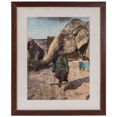 Tinted Photographic Print of Elephant Trainer and his Elephant