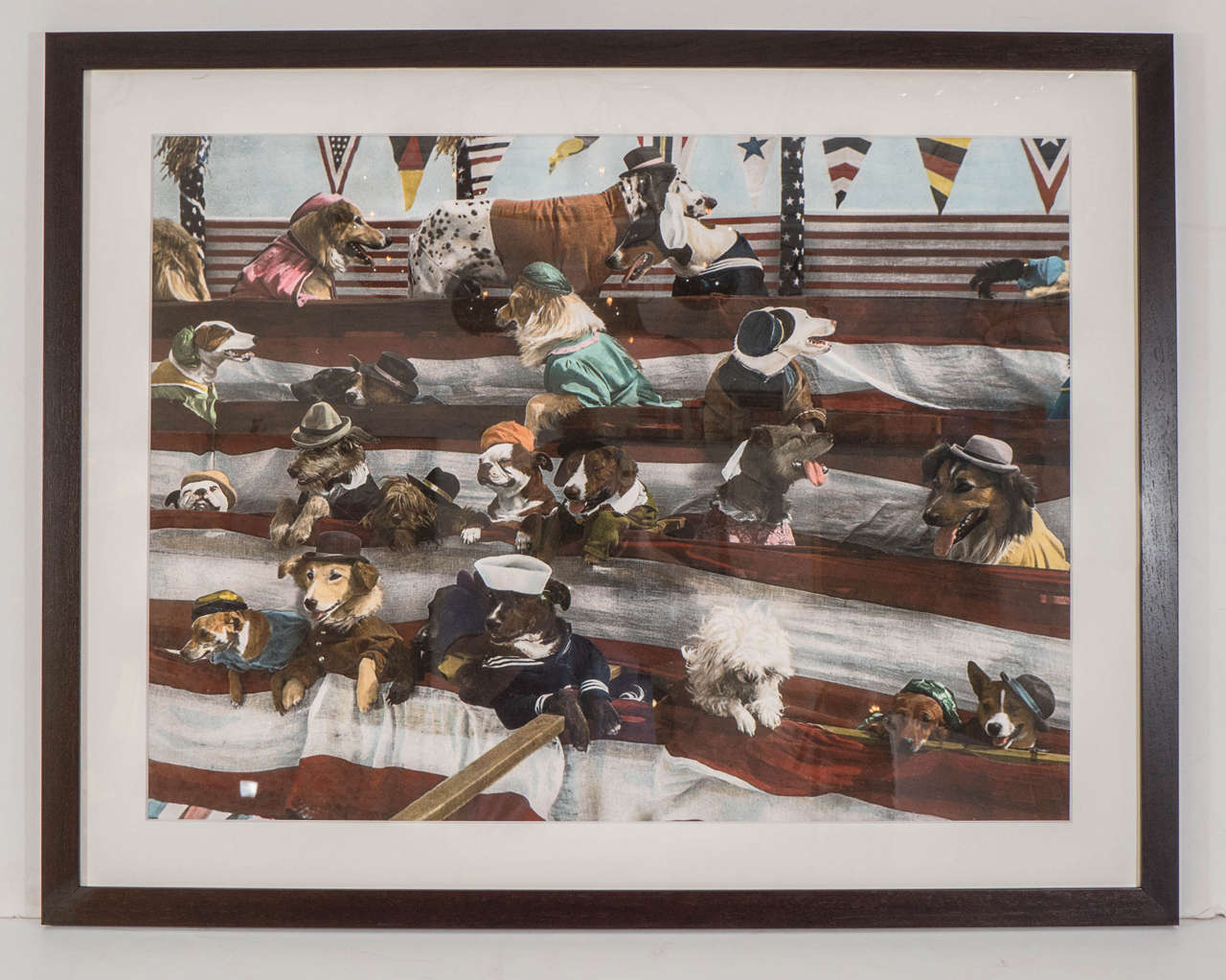 Vintage tinted photographic print of an assembly of dogs all dress to the (Ca) nines.