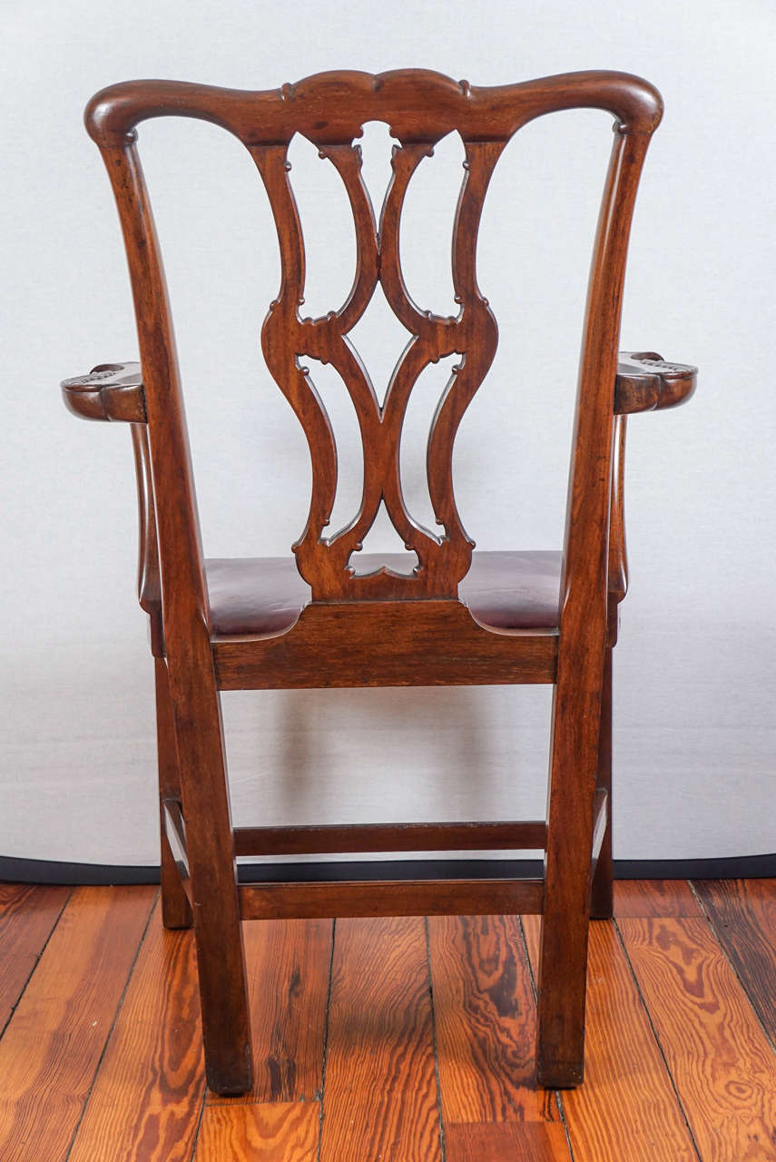Leather Pair of Mahogany 19th Century Chippendale Style Armchairs