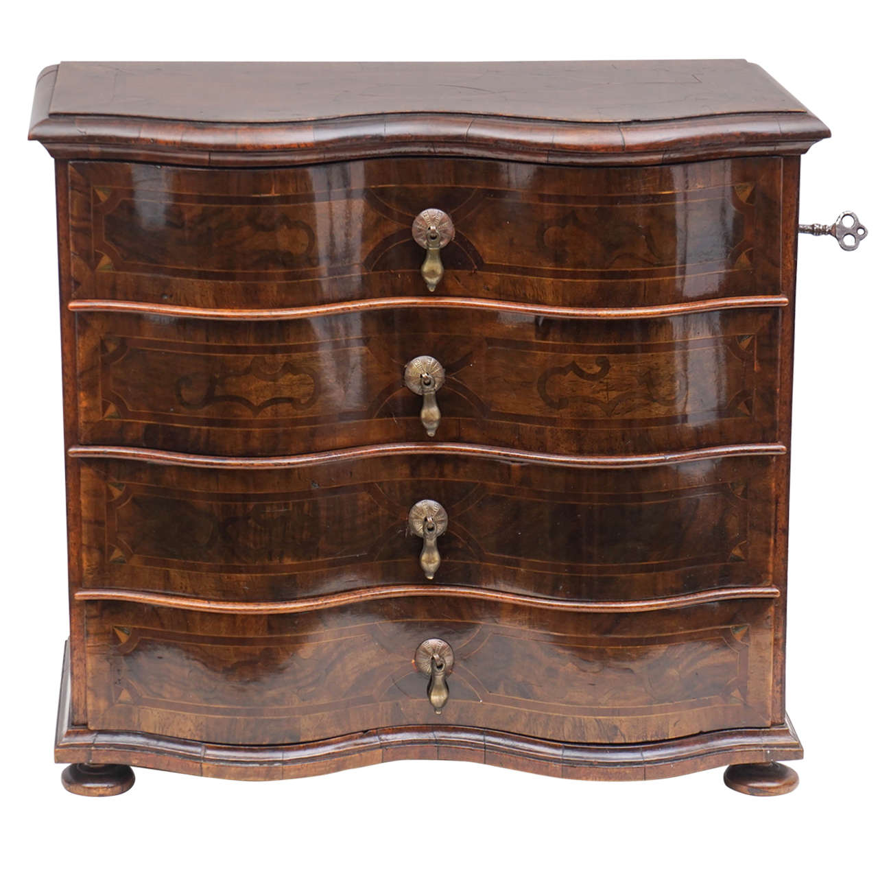 German Rococo Style Walnut Inlaid Miniature Chest of Drawers or Jewelry Box
