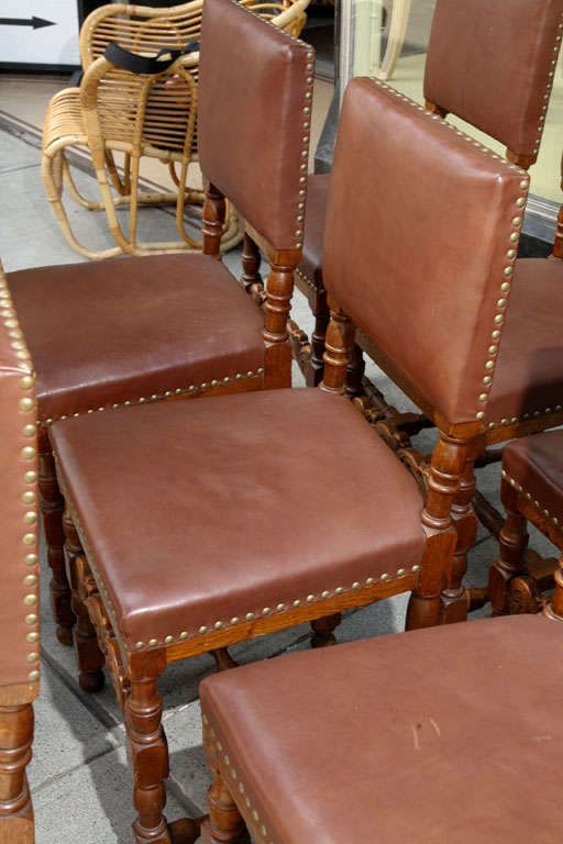 Set of Ten Leather and Oak Dining Chairs For Sale 1