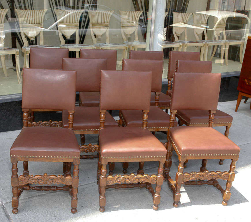 Set of Ten Leather and Oak Dining Chairs For Sale 2