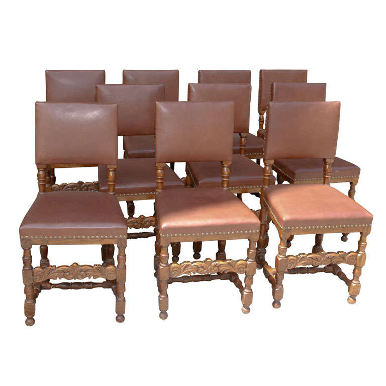 Set of Ten Leather and Oak Dining Chairs