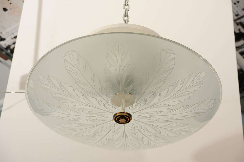 Large exterior crystal dish with etched foliage. Interior frosted glass diffuser and beautiful flush mount component. Brass hardware, with signature, "Fontana - Milano."