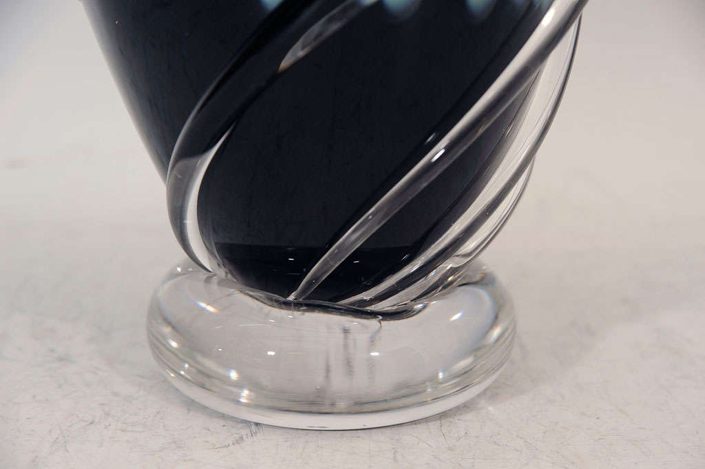 Signed Will Dexter glass vase with dramatic clear glass swirls wrap around a dark blue background with a design reminiscent of air bubbles in the deep ocean.<br />
<br />
Price reduced from $3800.00