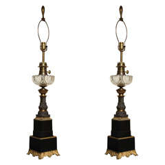 Antique A Pair of French Restoration Period Oil Form Table Lamps