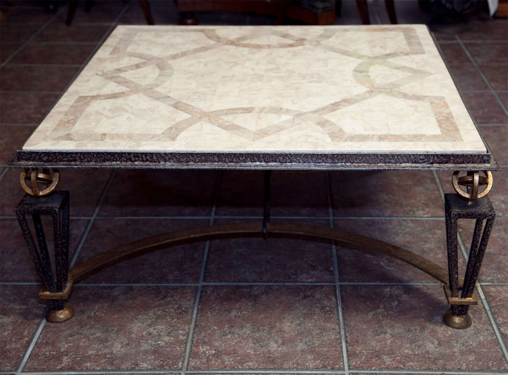 Metal and marble square table in the style of Gilbert Poillerat