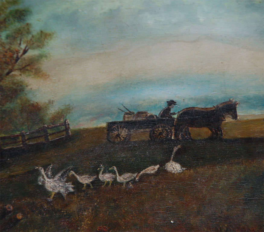 Antique Folk Art Painting of a Farmyard Scene