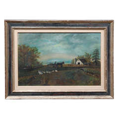 Antique Folk Art Painting of a Farmyard Scene