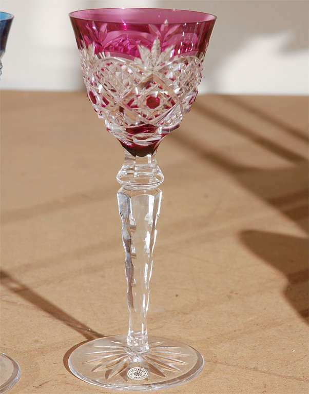 Set of six 1960 Val St Lambert colored etched crystal wine goblets. This is a set of six different colored glasses that are still available today for $500 a stem. These came from storage, still packed and never used from the 60's. These glasses are