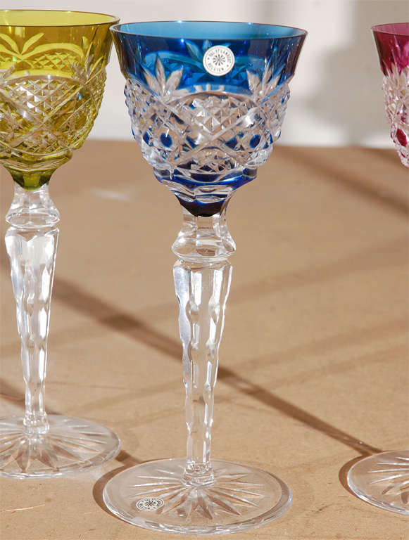 French 1960  Val St Lambert Colored Etched Crystal Wine Goblets For Sale